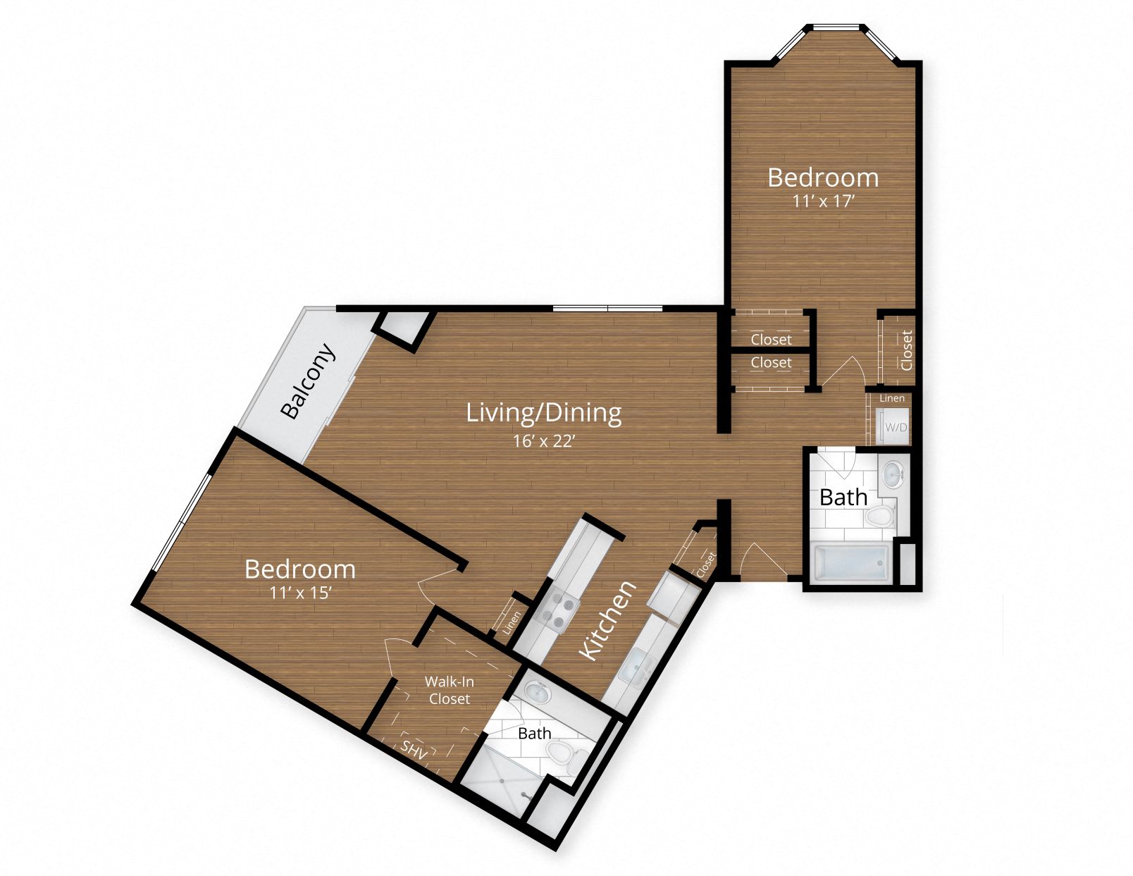 Floor plan for 2 beds, 2 baths, 1088 sqft